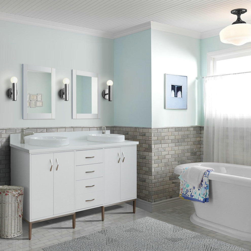 61" Double Sink Vanity, White Finish With Engineered Stone Top And Round Sink