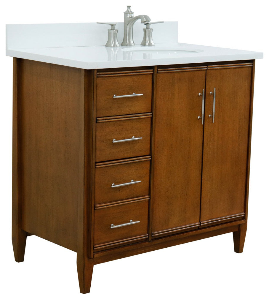 37" Single Vanity, Walnut Finish With White Engineered Stone Top