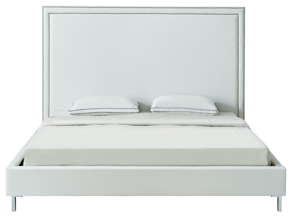 Giovanna Nailhead Trim Platform Bed, White Leather Pu, Queen