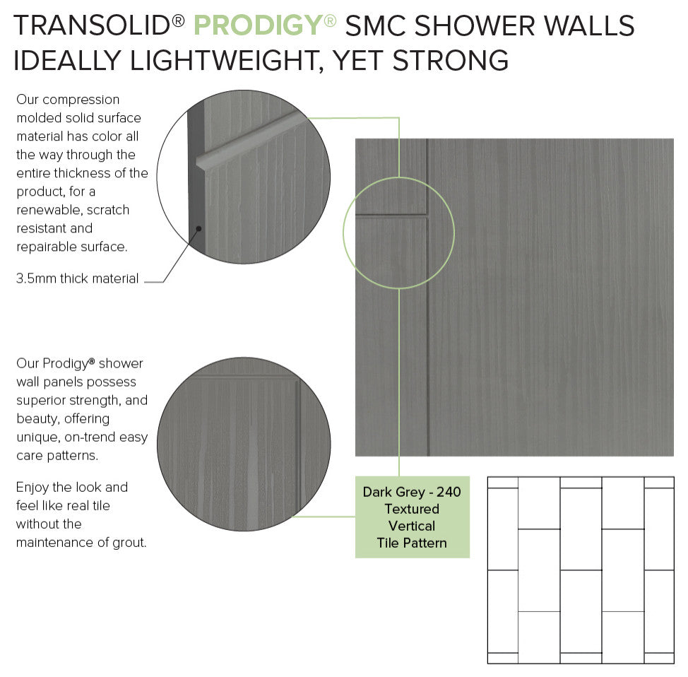 Transolid PWK603672-240 Prodigy 60"x36"x72" Shower Wall Kit, Grey Vertical