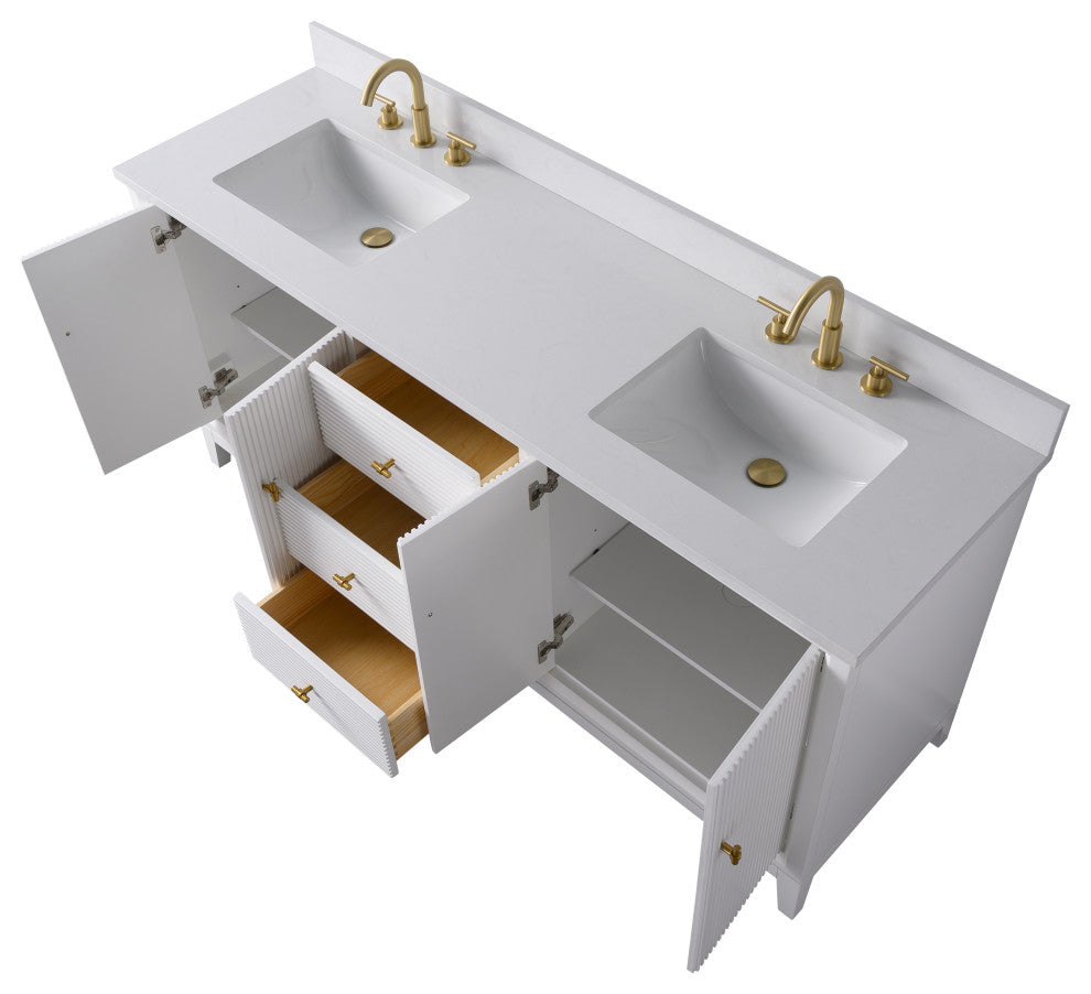 Vanity Art Bathroom Vanity with Engineered Marble Top and Sink, White, 72" (Double Sink), Golden Brushed