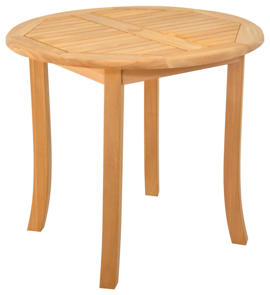 4-Piece Outdoor Teak Dining Set: 36" Round Table, 3 Trav Stacking Arm Chairs