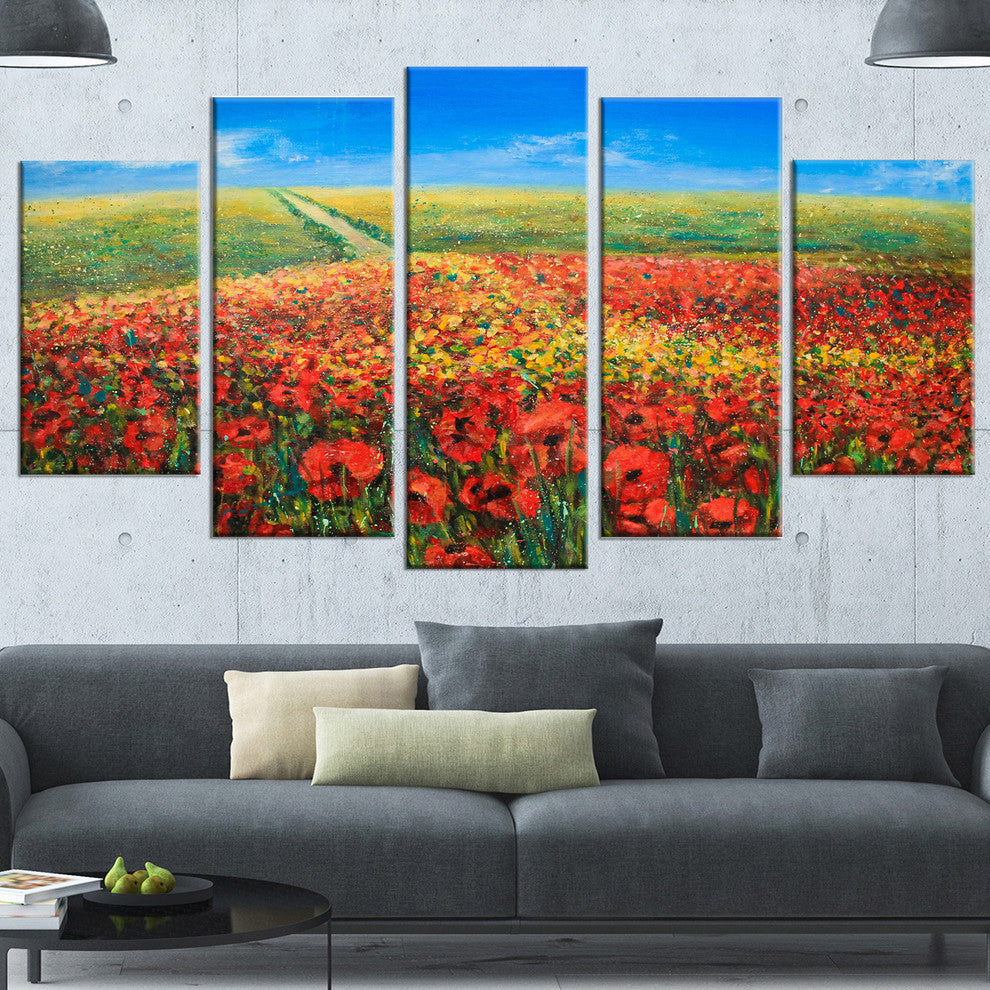 Acrylic Landscape with Red Flowers, Red, Floral Wall Art, 60"x32", 5 Panels