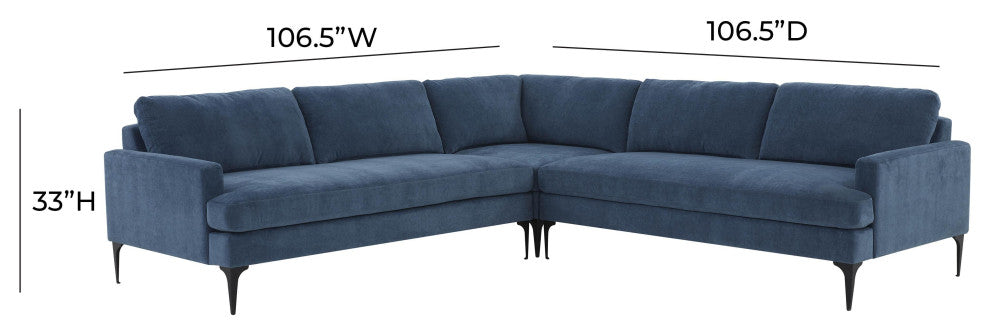 Serena Blue Velvet L-Sectional With Black Legs