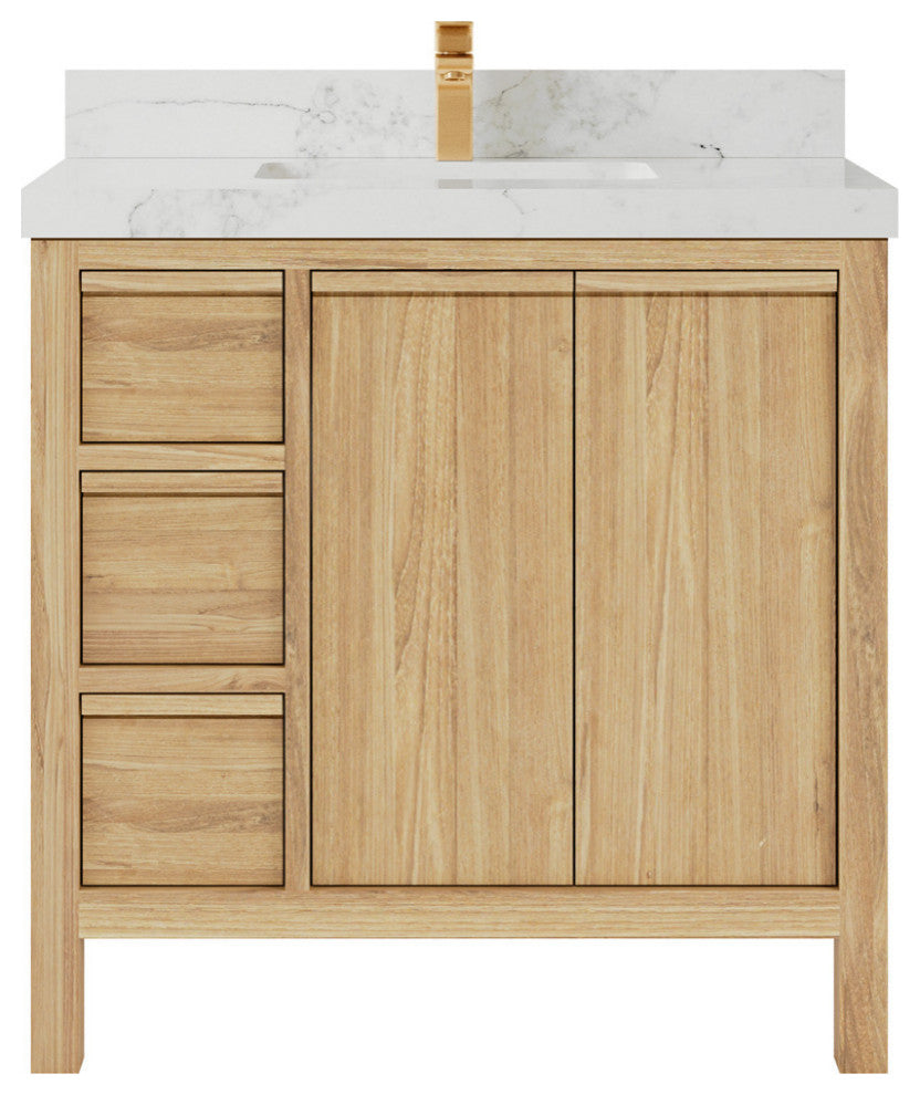 Elizabeth 36 Center Sink Bath Vanity in Light Natural Teak 2" Calacatta Nuvo