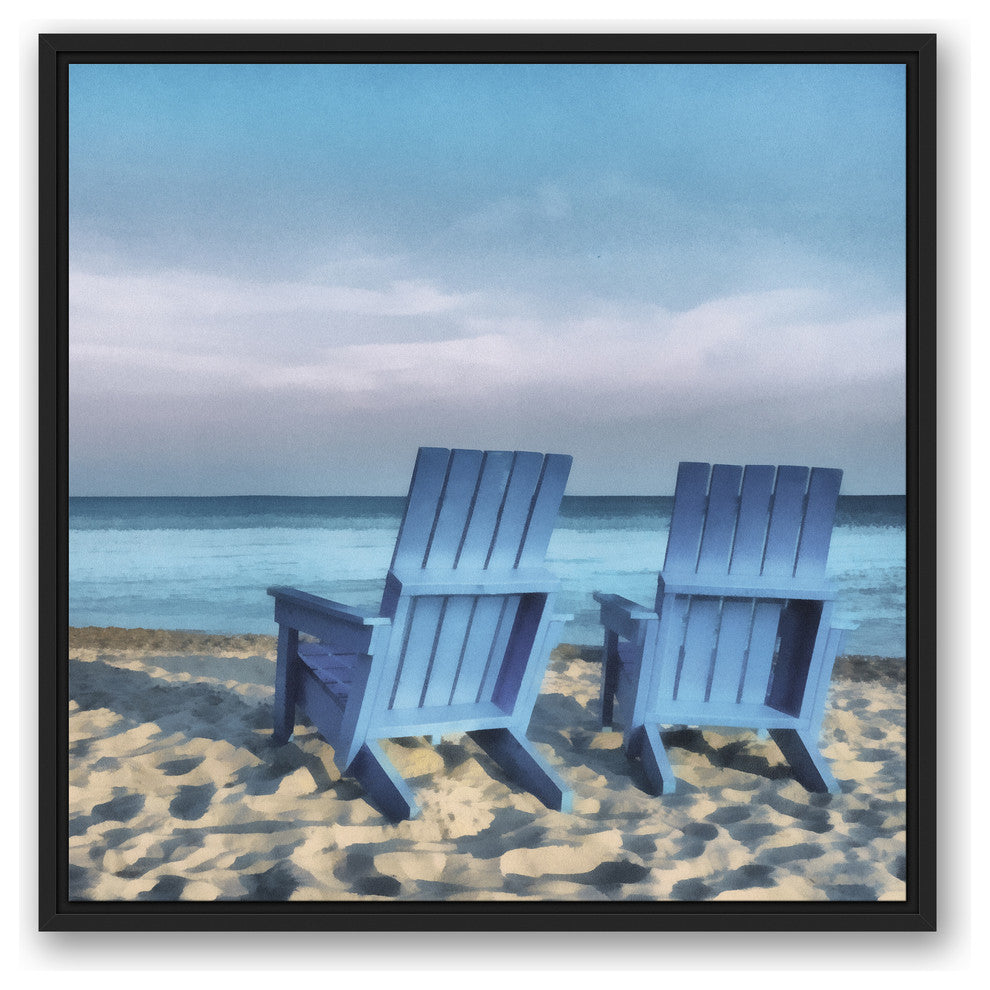 Blue Beach Chairs Photo 24x24 Black Floating Framed Canvas