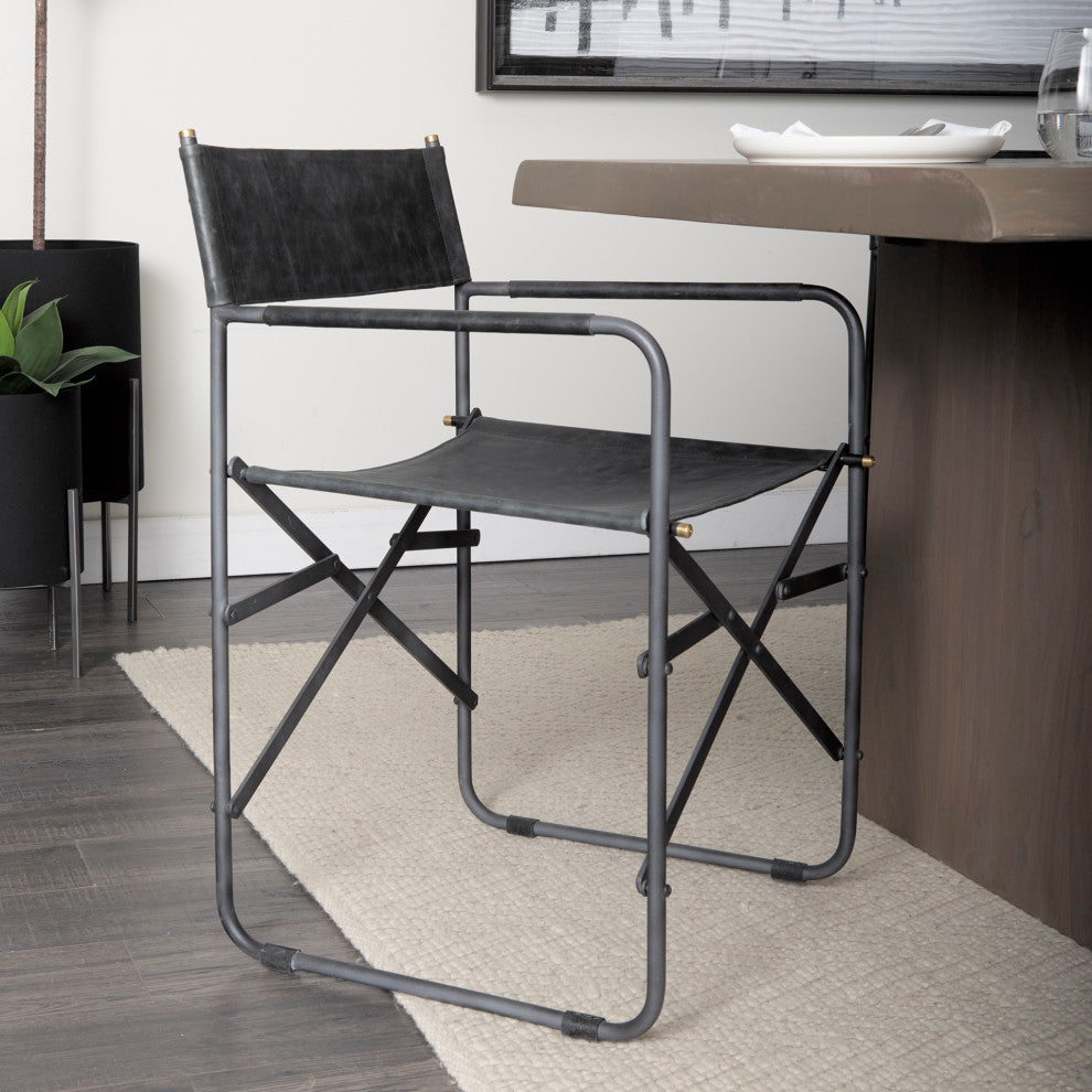 Direttore Black Genuine Leather With Black Metal Folding Frame Dining Chair