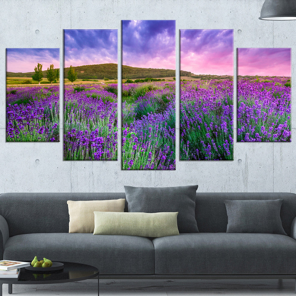 "Summer Lavender Field in Tihany" Modern Landscape Wall Art, 5 Panels, 60"x32"