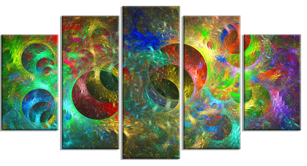 Multi Color Glowing Circles, Contemporary Canvas Art Print, 60"x32", 5 Panels