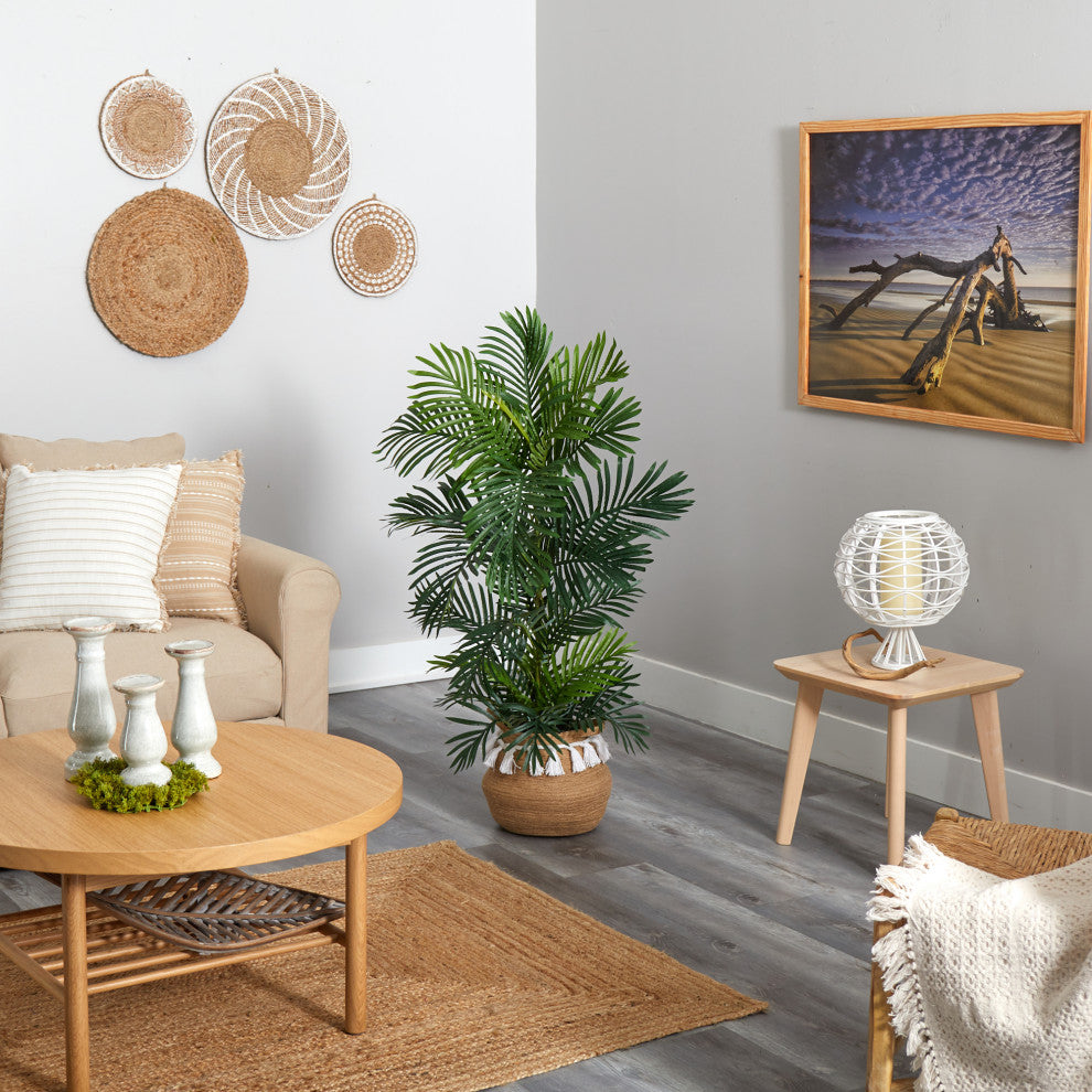 4' Areca Faux Palm Tree, Boho Handmade Natural Cotton Woven Planter W/Tassels
