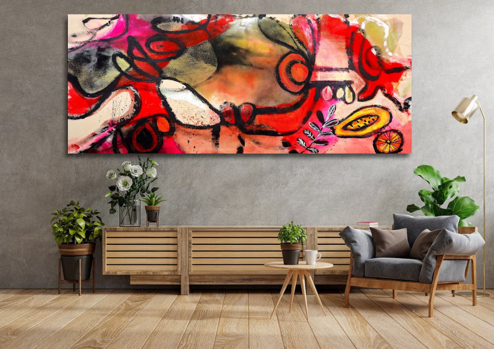 Red black minimal abstract painting, huge oversized abstract artwork