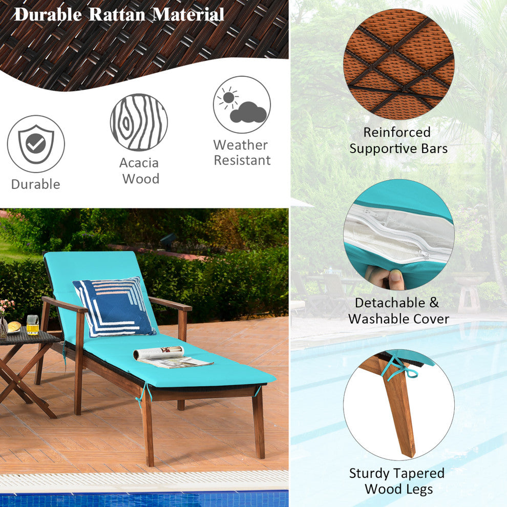 Costway 3PCS Patio Rattan Lounge Chair Folding Table Set Cushioned Turquoise