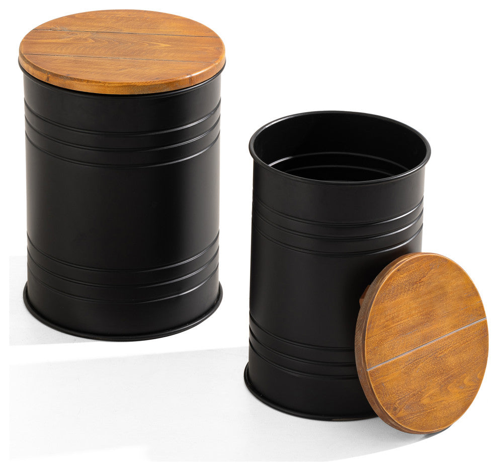 Farmhouse Metal With Solid Wood Seat Storage Stool, Set of 2, Black