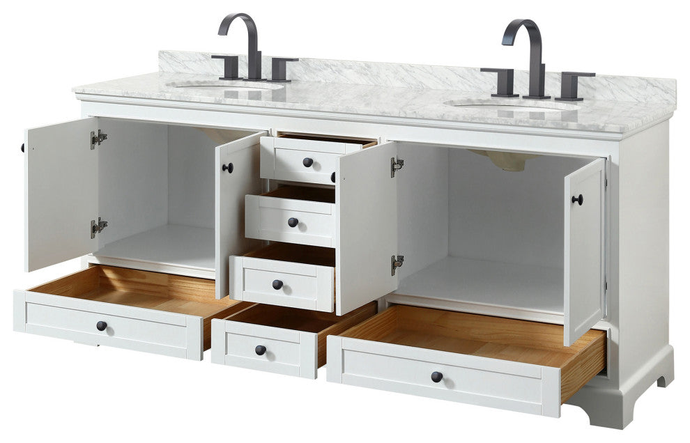 80" Double Bath Vanity, White, White Carrara Countertop, Sinks, Gold Trim