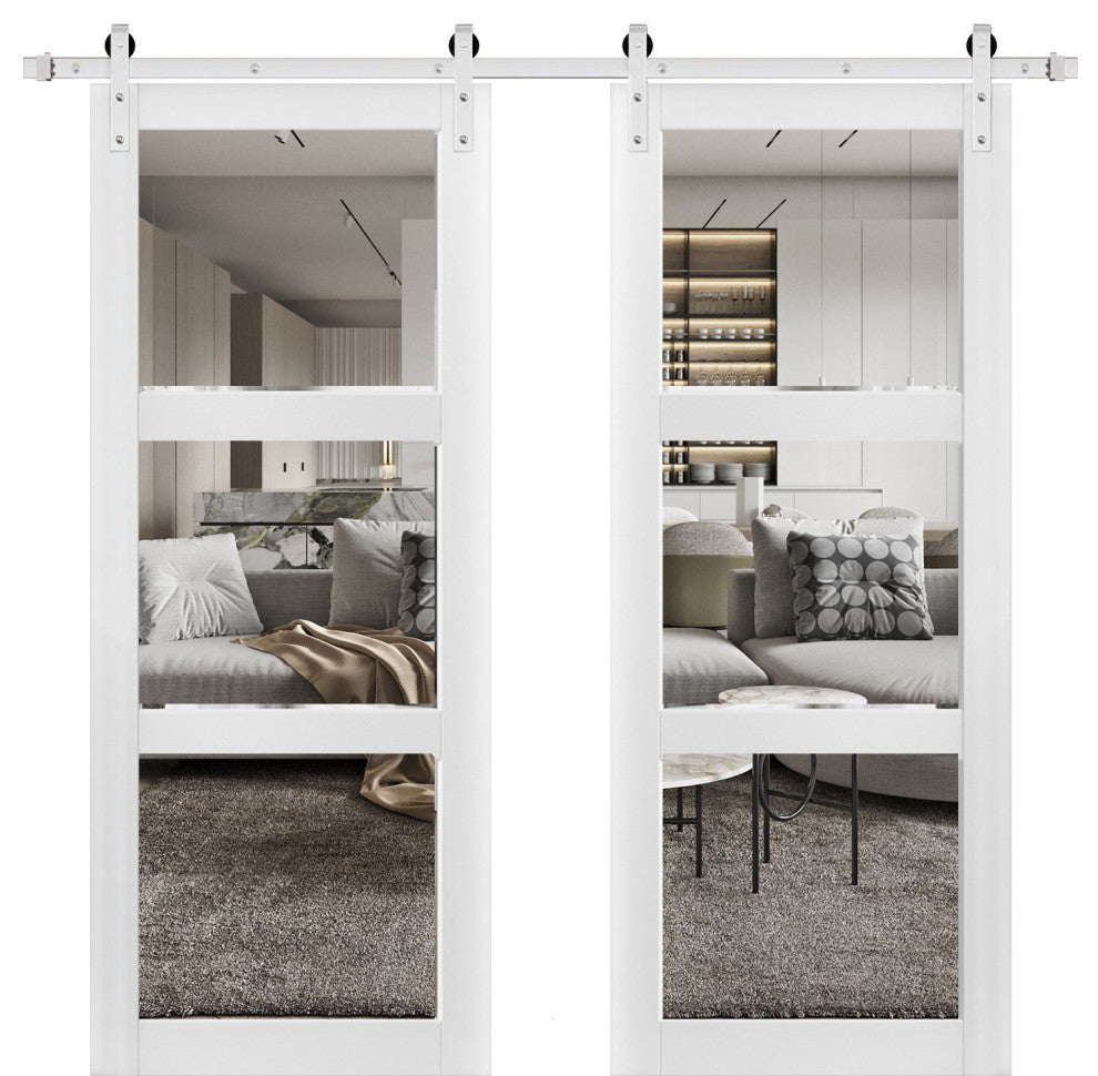 Double Barn Door 60 x 96 With Clear Glass, Lucia 2555 Matte White, Silver 13FT