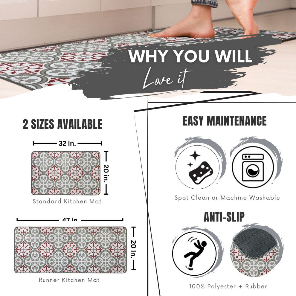 Paco Printed Kitchen Mat Red and Gray Tile Design 32" x 20"