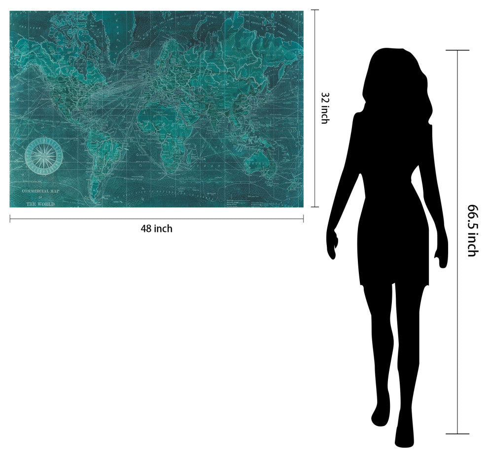 "Azure World" World Map Wall Art on Frameless Tempered Glass 48" x 32"