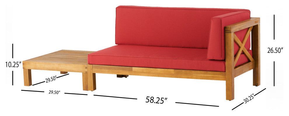 Keith Outdoor Right Arm Loveseat and Coffee Table Set, Red/Teak