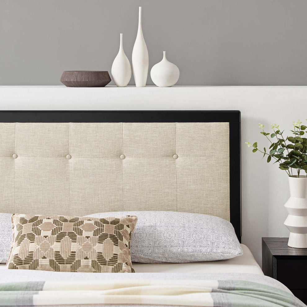 Draper Tufted Queen Fabric and Wood Headboard Black Beige