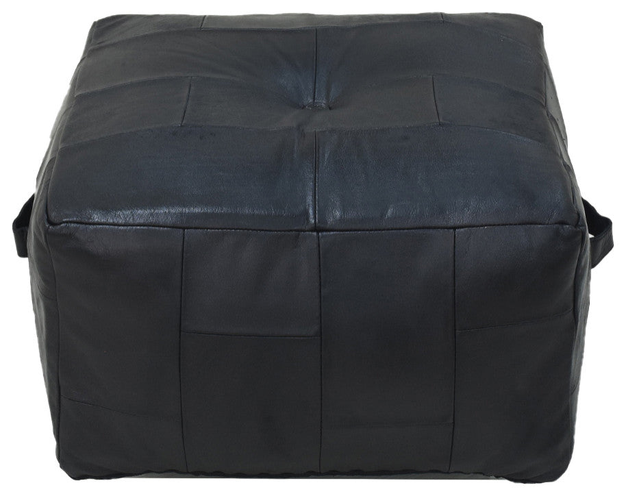 Geometric Handmade Leather Pouf (Recycled Foam with Fibre Fill) Black, (Square)21x21x12