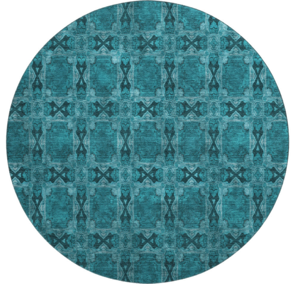 Premium Machine Washable Mayfield AMF564 Teal 8' x 8' Round Rug