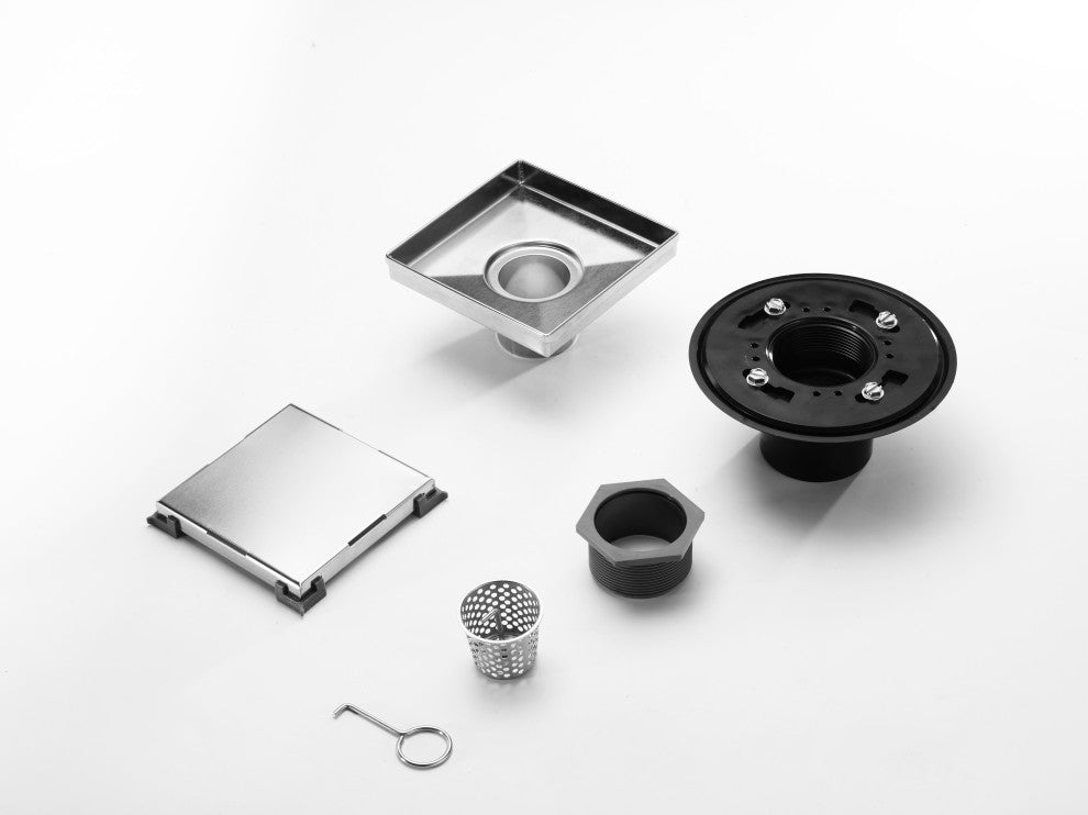 HEATGENE Square Shower Drain With Flat Cover With Base Flange, Brush, 6"