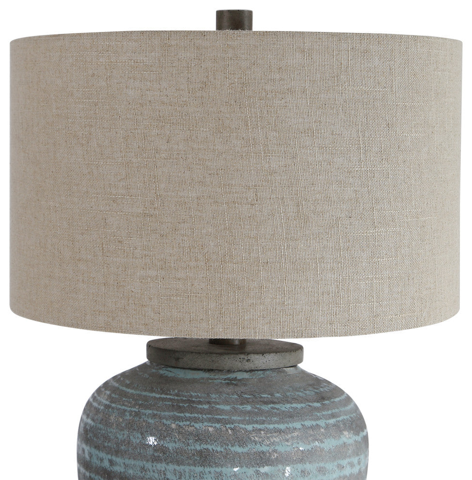 Rustic Bohemian Round Aqua Blue Gray Table Lamp, Ceramic Vintage Style Cottage