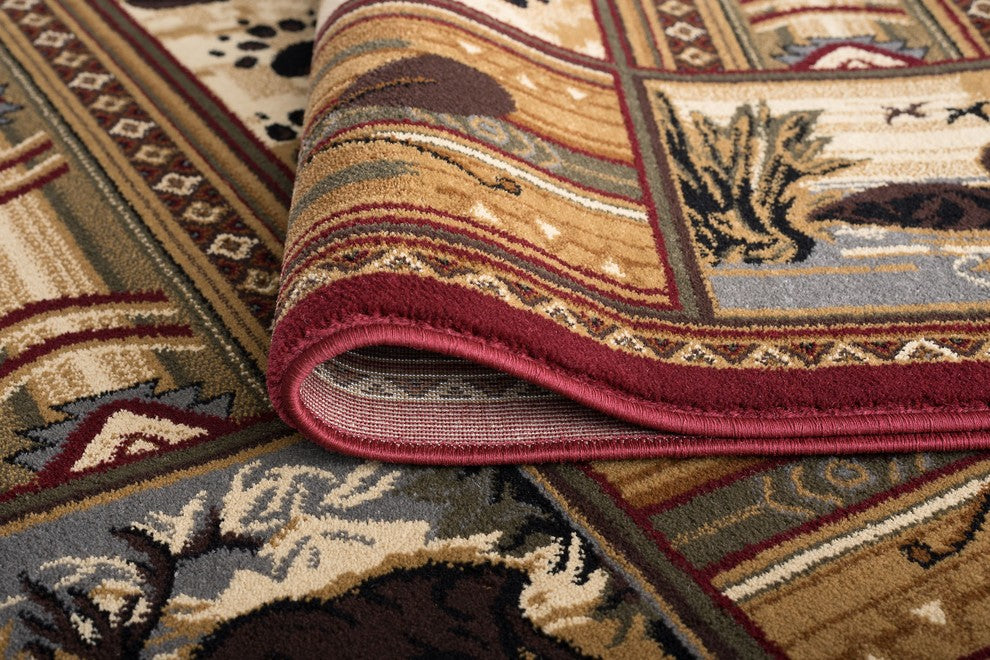 Black Bear Novelty Lodge Pattern Red Rectangle Area Rug, 4'x5'