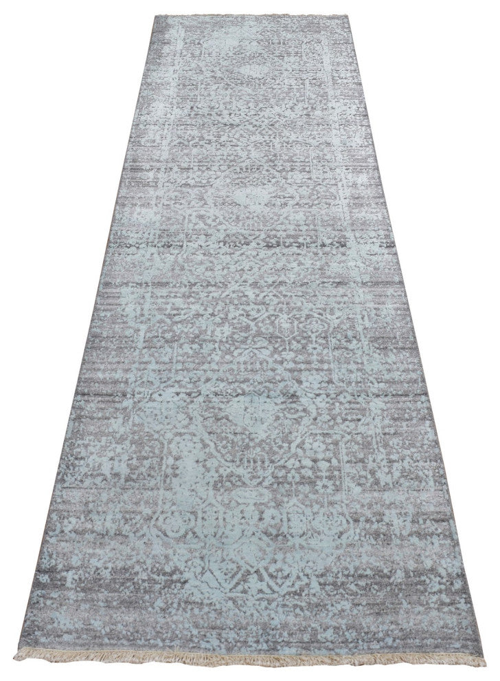 Chetwode Green Persian Design Hand Knotted Wool and Silk Runner Rug 2'7"x9'9"