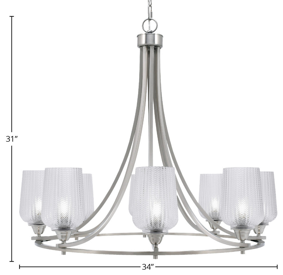 Paramount 8-Light Chandelier, Brushed Nickel, 5" Clear Textured Glass