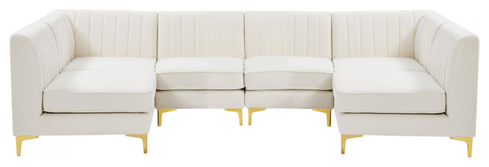 Alina Velvet Modular U-Shaped Sectional, Cream, 6-Piece: 4 Armless Chair, 2 Corner Chair