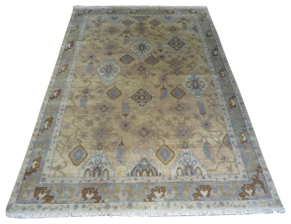 6"x9" Hand-Knotted Beige Fine Turkish Oushak Oriental Rug
