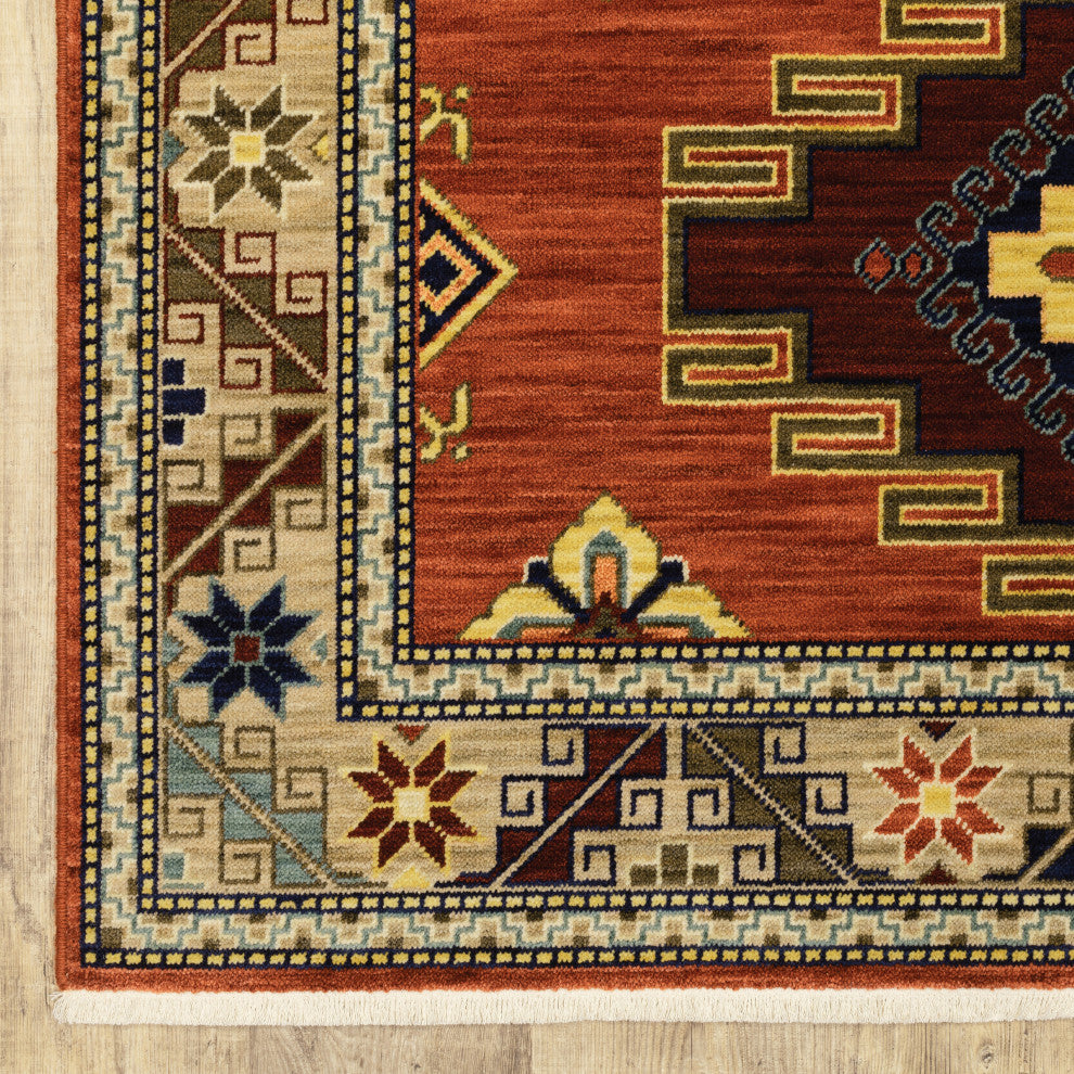 Lizbeth Medallion Border Red/Multi Wool Blend Fringed Area Rug, 2'6"X12'