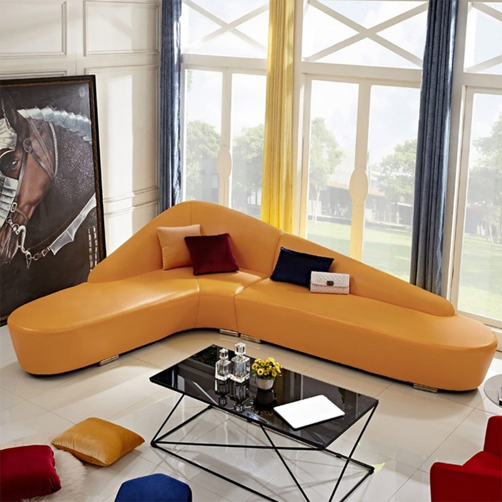 Modern 6-Seater Orange L-Shaped Corner Sectional Sofa Faux Leather Upholstery