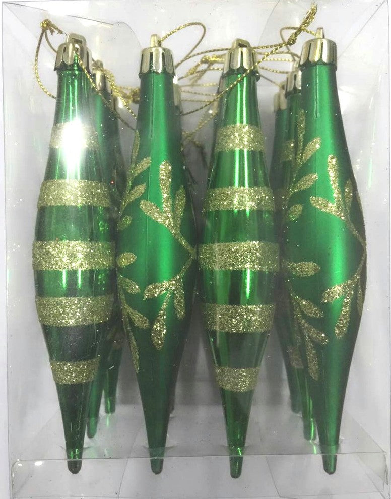 Green Finial Ornament With Snowflake And Line Glitter Design