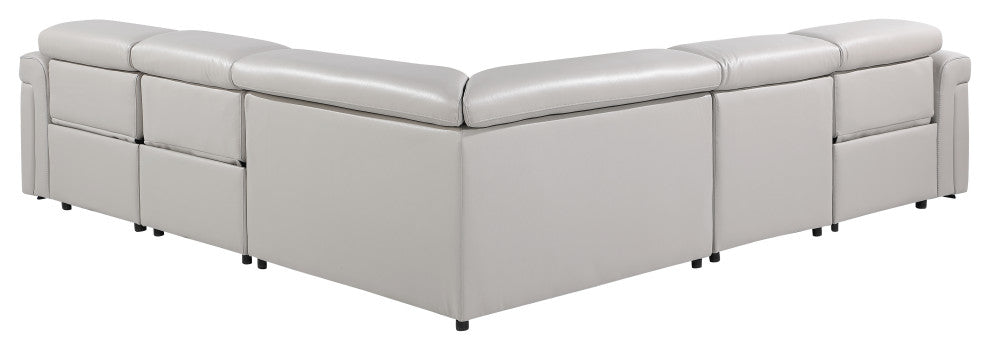 Giovanni 5-Piece 3-Power Reclining Italian Leather Sectional, Light Gray