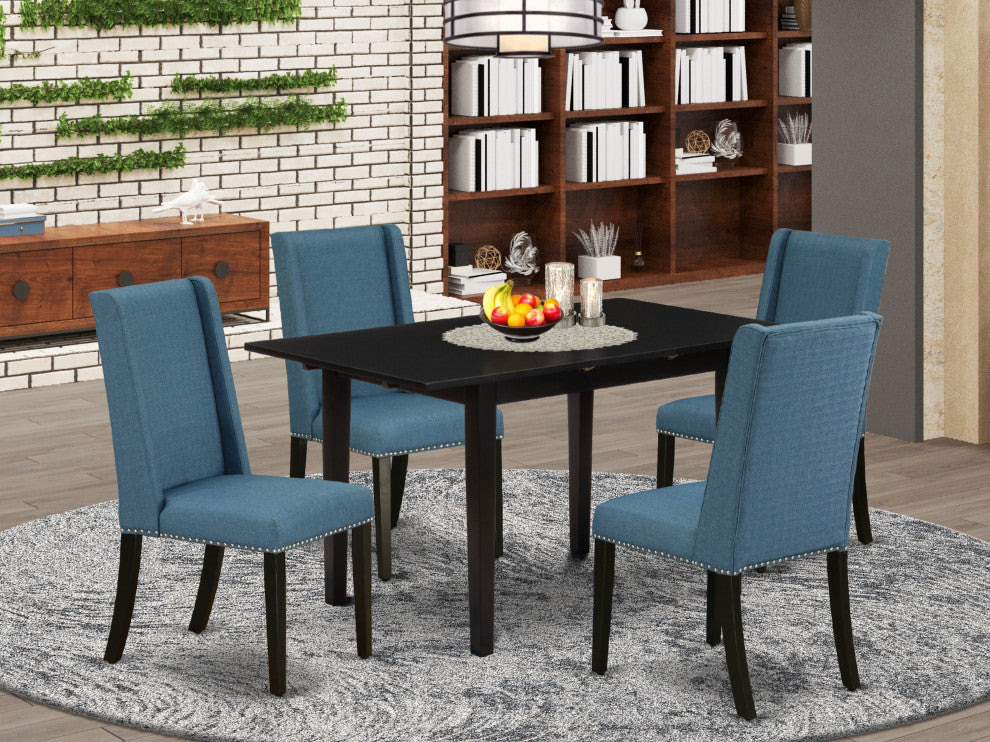 5Pc Wood Dining Set, Chairs, Upholstered Seat, Butterfly Leaf Table, Black