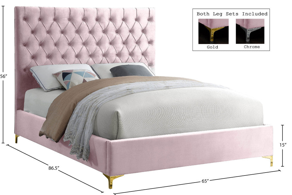 Cruz Velvet Upholstered Bed, Pink, Queen