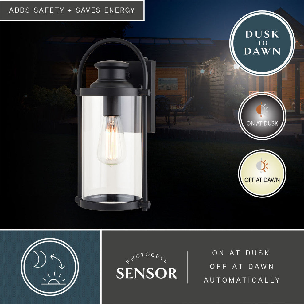 Winfield 1 Light Dusk to Dawn Matte Black Wall Lantern, 7"wx14.25"hx6.5"d