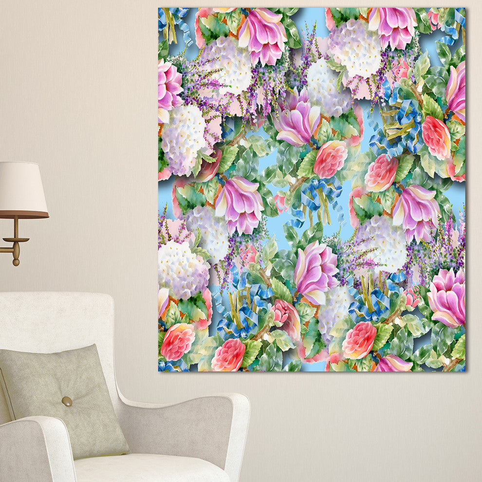 Pink Flower Pattern on Blue, Floral Canvas Art print, 30"x40"