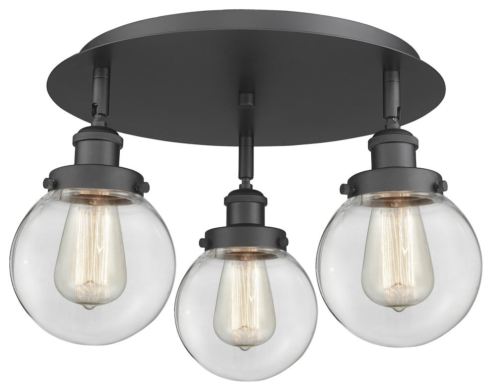 Beacon-3 Light 18" Flush Mount-Matte Black, Clear Glass Shade