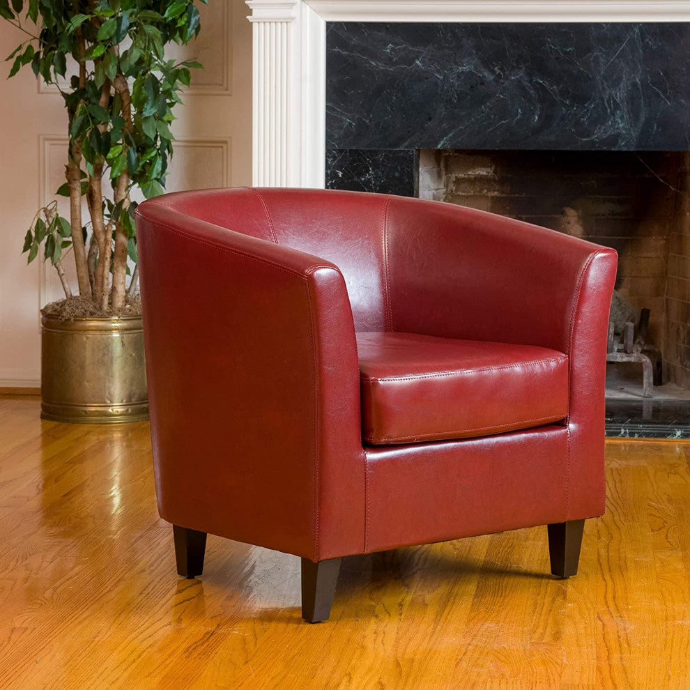 Elegant Oxblood Red Club Chair with Cushioned Bonded Leather and Padded Back