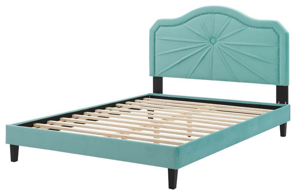Platform Bed Frame, Queen Size, Velvet, Blue, Modern Contemporary, Bedroom