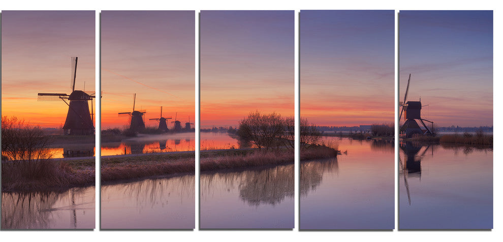 Dutch Windmills Panorama, Abstract Canvas Art Print, 60"x28", 5 Panels