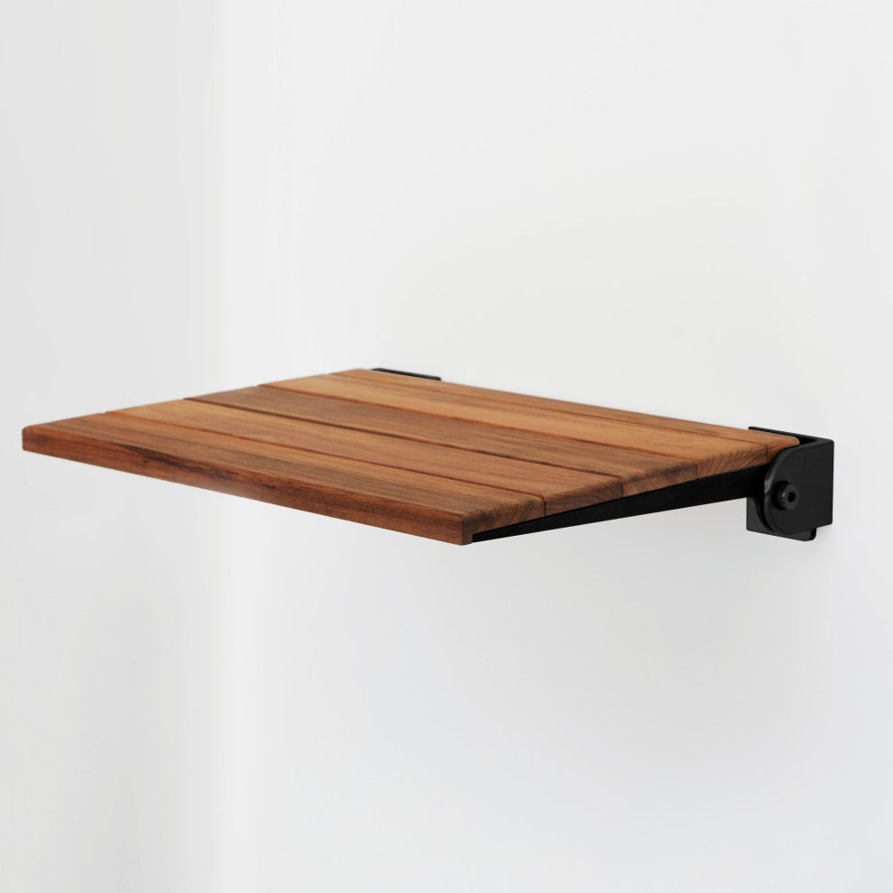 SlimLine Natural Teak Wood Folding Shower Bench Seat, Matte Black Frame