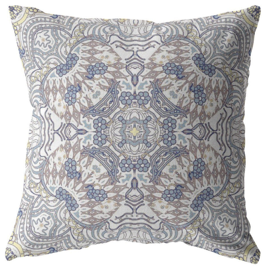18" Yellow Gray Boho Ornate Zippered Suede Throw Pillow