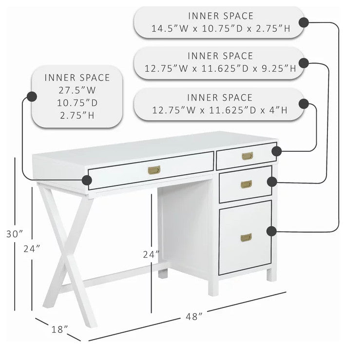 Contemporary Desk, X-Leg & 4 Spacious Drawers With Metal Pull Handles, White