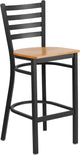 Black Ladder Back Metal Restaurant Barstool, Natural Wood Seat