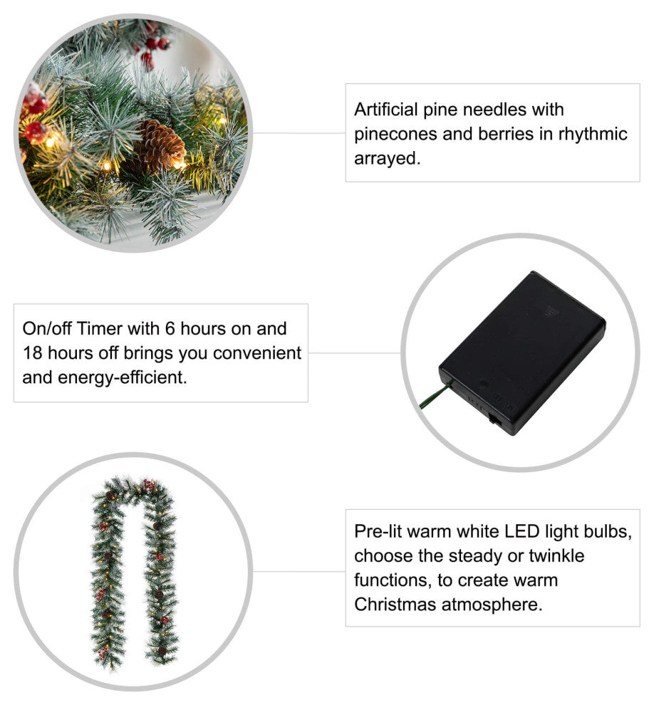 9' Pre-Lit Christmas Garland With 50 Warm White Lights With Timer