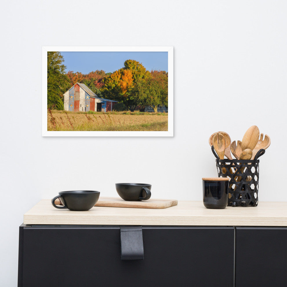 Patriotic Barn in Field Rural Landscape Framed Photo Paper Wall Art Prints, White, 12" X 18"
